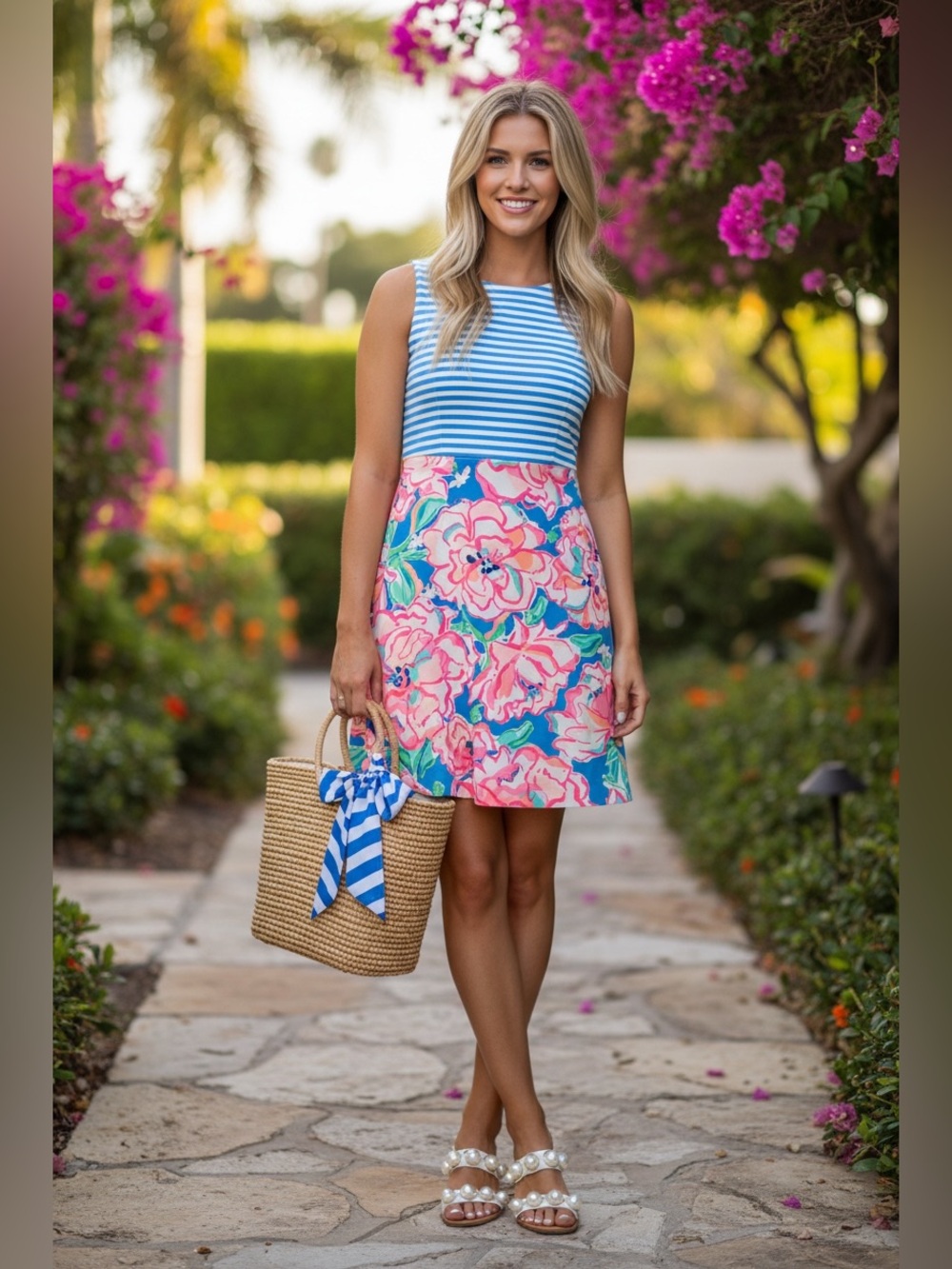 Lily Pulitzer XS Blue Stripe Pink Floral Shift Dress Matching Scarf Resort Prepp